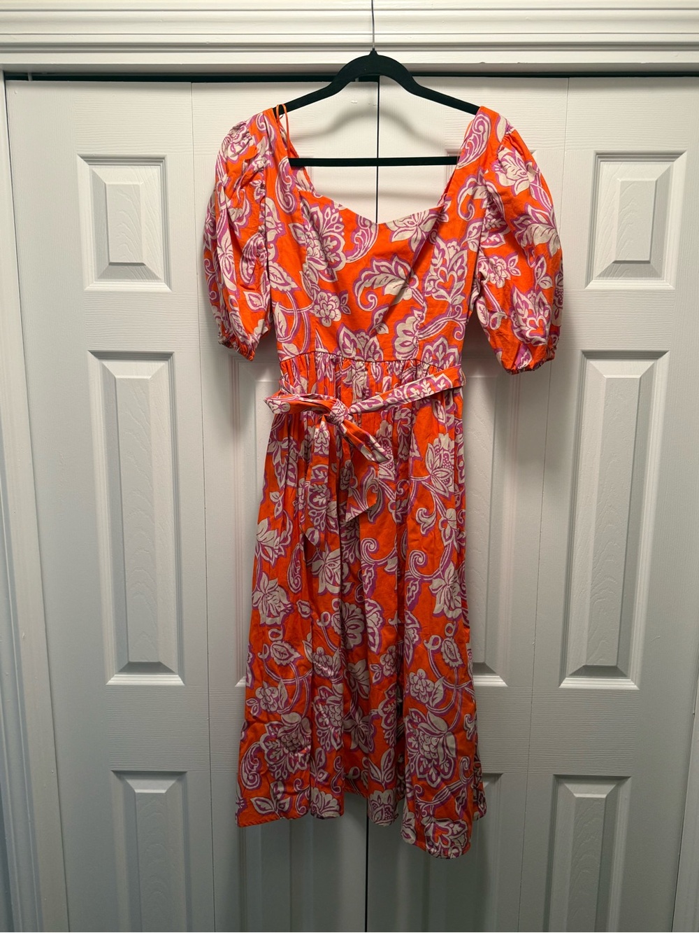 Flying Tomato Orange Floral Puff-Sleeve Midi Dress